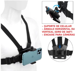 Colete de peito ajustável para celular e câmera GoPro