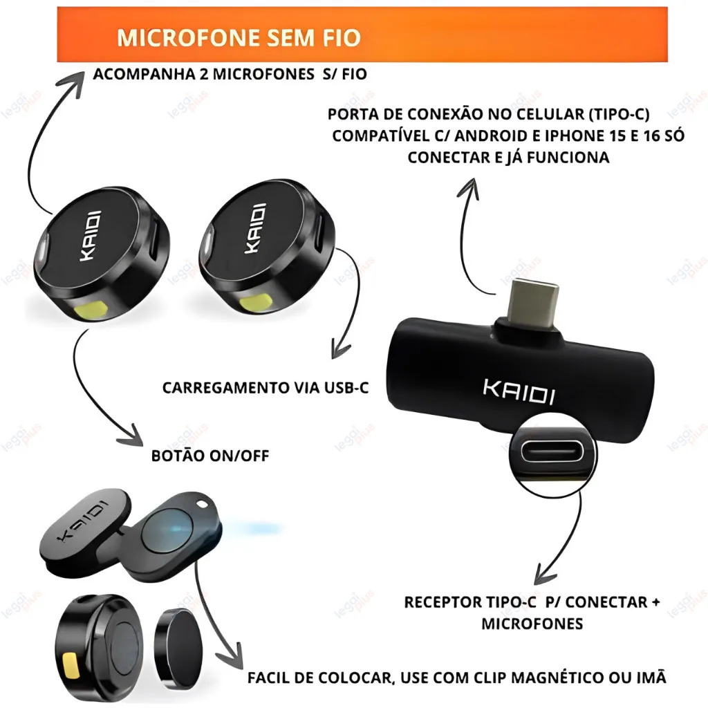 Microfone Lapela Sem Fio Profissional 2 Unidades Magnético Conector USB C E Lightning - Imagem 4