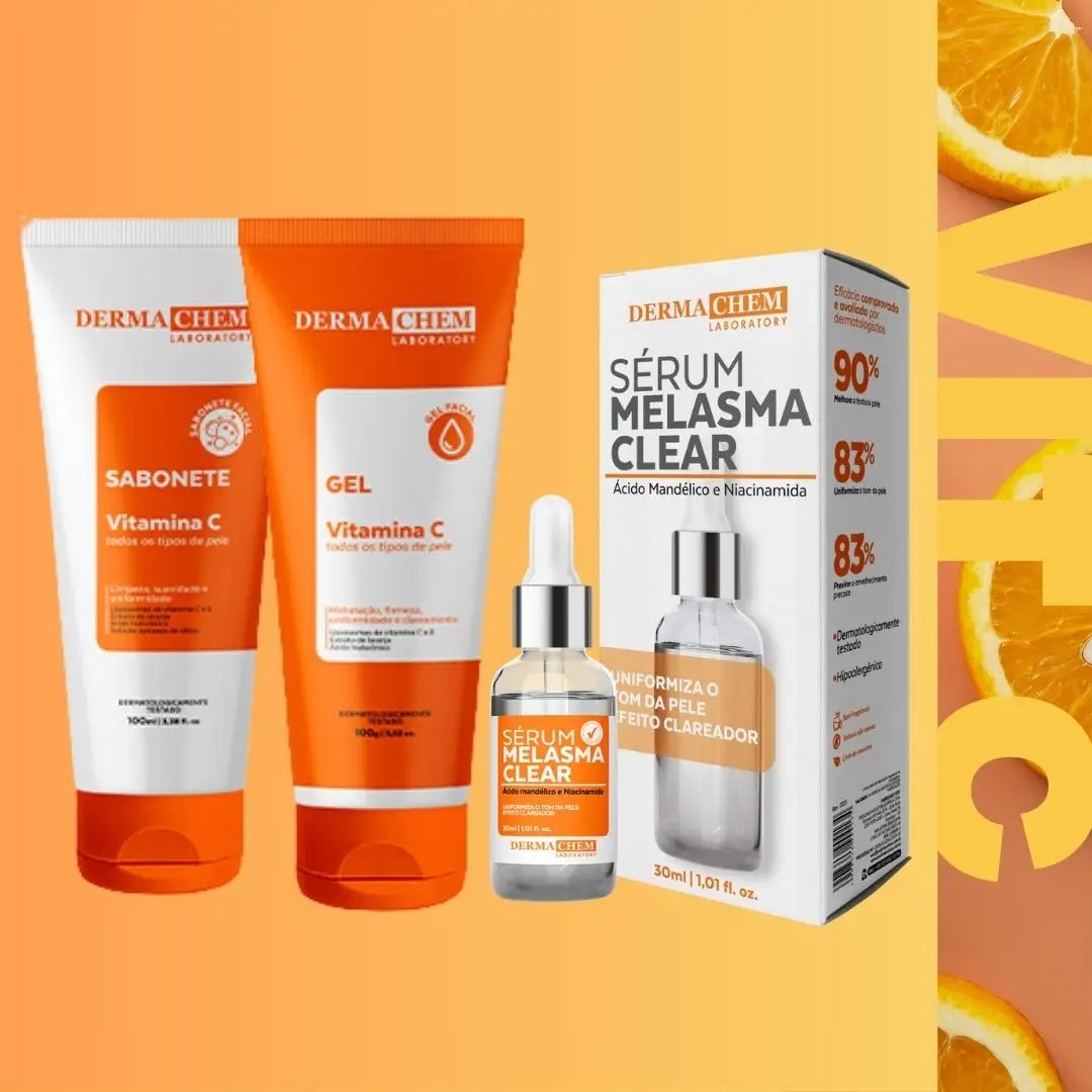 Kit 3 Skincare Vitamina C Clareador Dermachem — Sérum, Gel Anti-Idade e Sabonete Facial