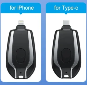  Mini Power Bank 1500mAh, Carregador Portátil Multifuncional em Formato de Chaveiro para iPhone e Android tipo c